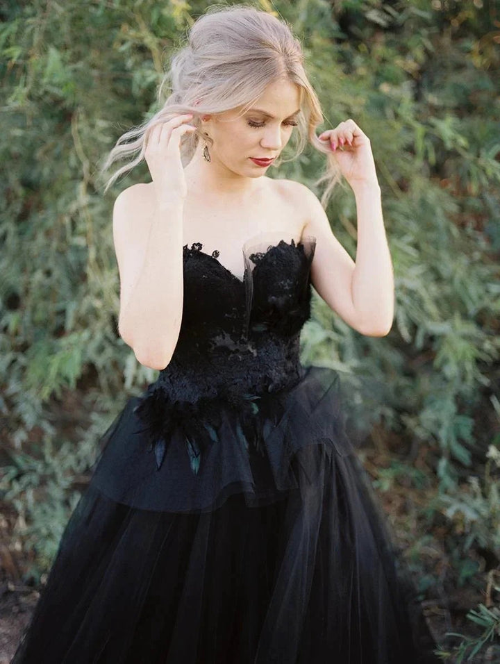 Classy Long Princess Sweetheart Open Back Tulle Black Wedding Dress with Lace by BIZTUNNEL