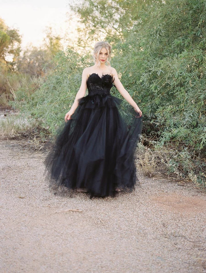 Classy Long Princess Sweetheart Open Back Tulle Black Wedding Dress with Lace by BIZTUNNEL