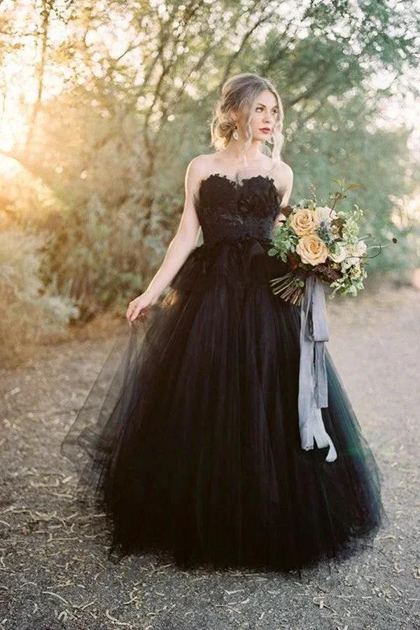 Classy Long Princess Sweetheart Open Back Tulle Black Wedding Dress with Lace by BIZTUNNEL