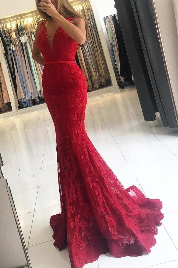 Classy Mermaid V-neck Wide Straps Tulle Lace Long Prom Dress by BIZTUNNEL