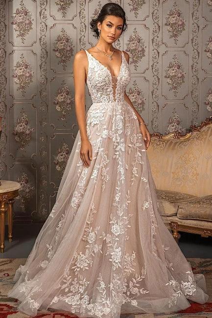 Classy V-neck Appliques Lace Spaghetti Straps Sleeveless A-Line Wedding Dresses by misshow.com
