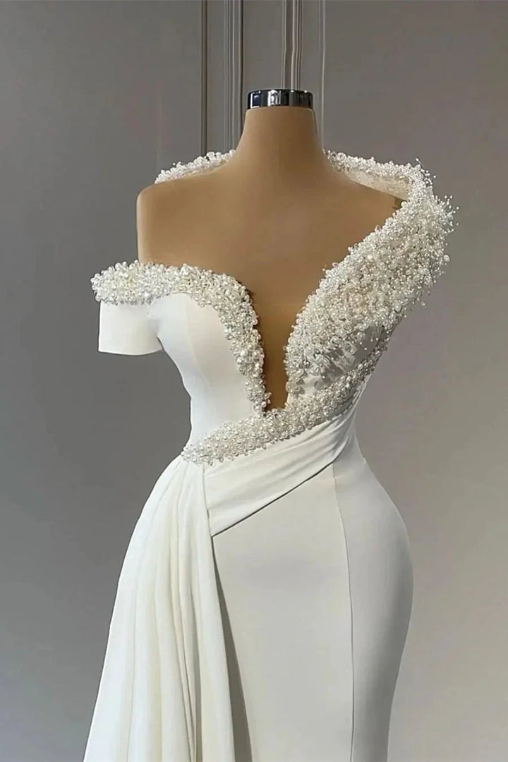 Classy V-neck Off-the-shoulder Beading Sleeveless Mermaid Wedding Dresses by misshow.com
