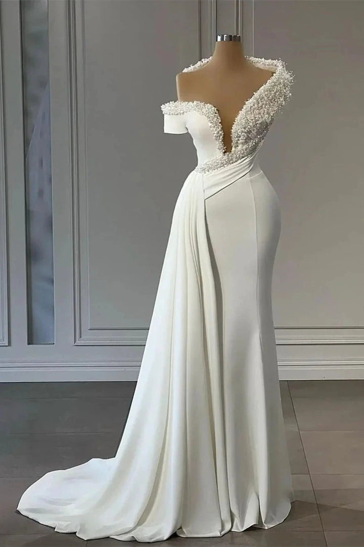 Classy V-neck Off-the-shoulder Beading Sleeveless Mermaid Wedding Dresses by misshow.com