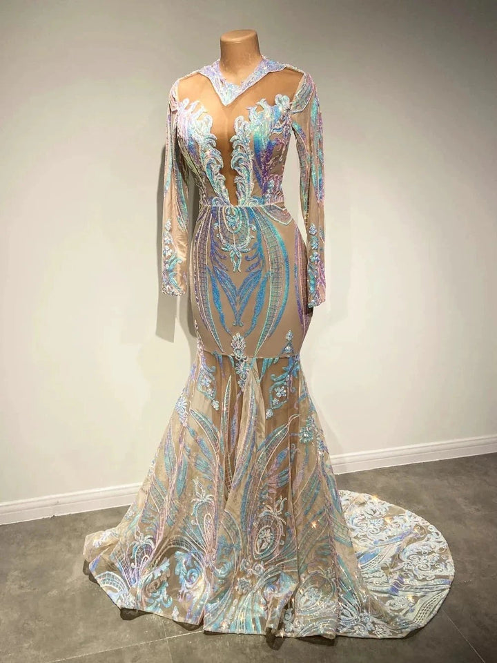 Classy V-neck Sequins Floor-length Mermaid Prom Dresses With Long Sleeves by misshow.com