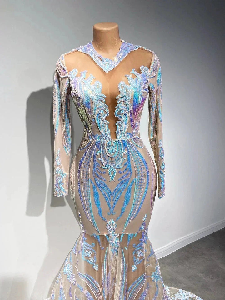 Classy V-neck Sequins Floor-length Mermaid Prom Dresses With Long Sleeves by misshow.com