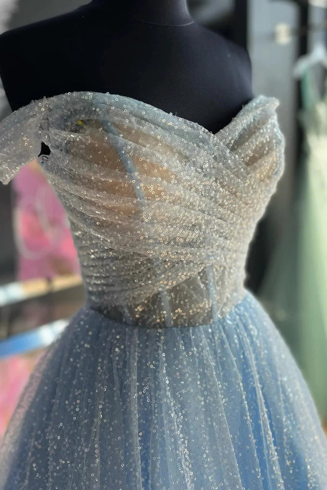 Jayla | Sparkly Blush Pink Off-the-Shoulder Surplice Long Prom Dress by KissProm