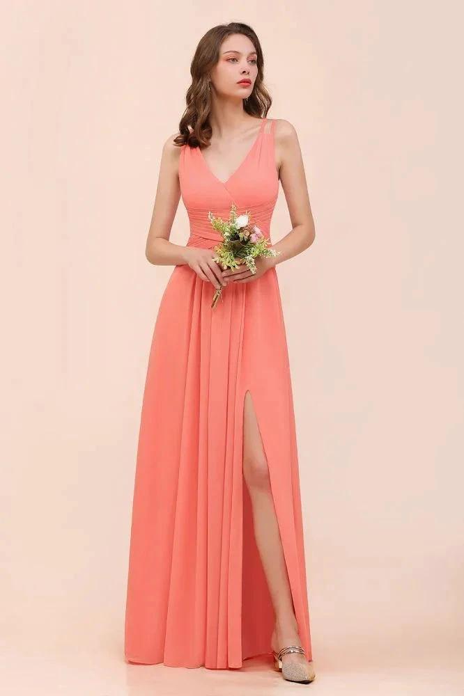 Coral Beach Bridesmaid Dress Front Split Wedding Party Dress by misshow.com