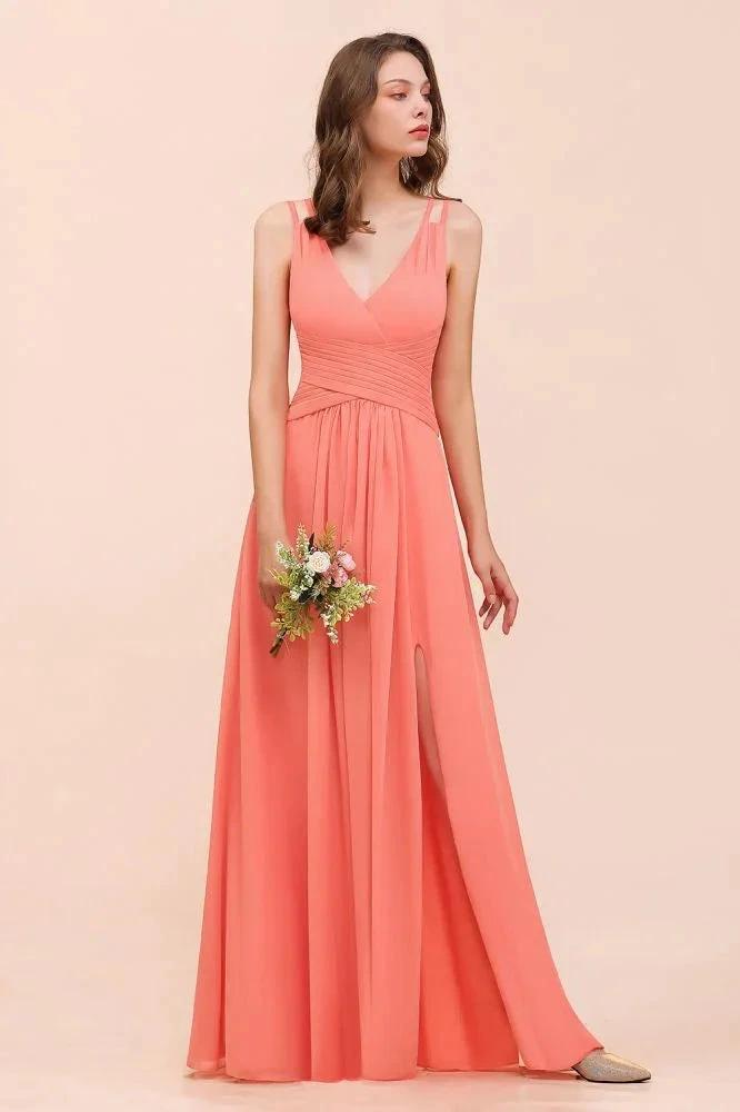 Coral Beach Bridesmaid Dress Front Split Wedding Party Dress by misshow.com