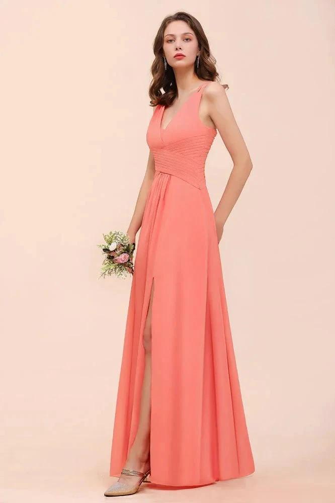 Coral Beach Bridesmaid Dress Front Split Wedding Party Dress by misshow.com