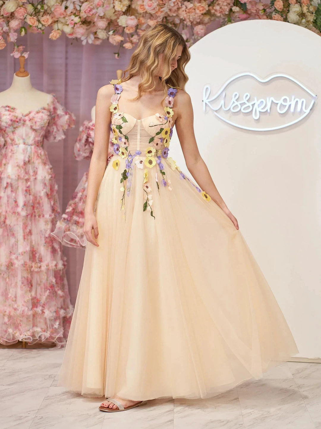 Piper | A-Line Corset Midi Prom Dress with 3D Flowers by KissProm