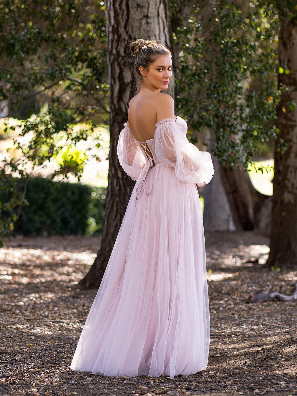 A-line Corset Off The Shoulder Floor Length Tulle Prom Dress with lace appliques by Anne of Brittany