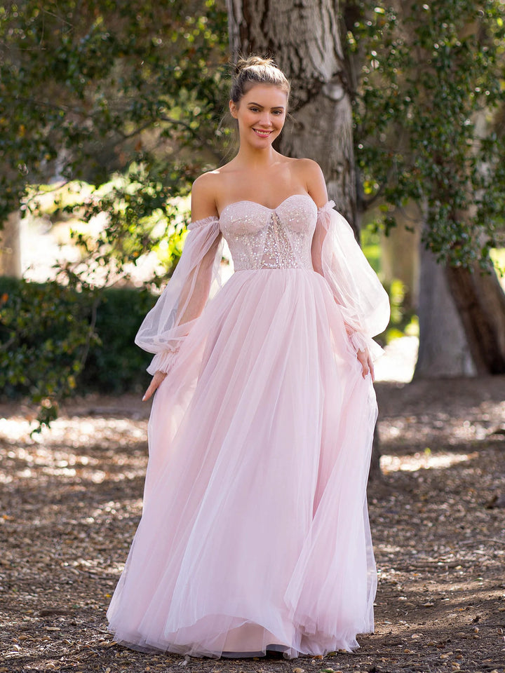 A-line Corset Off The Shoulder Floor Length Tulle Prom Dress with lace appliques by Anne of Brittany