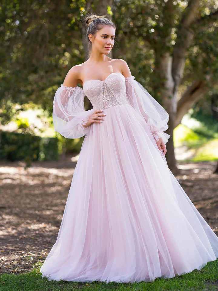 A-line Corset Off The Shoulder Floor Length Tulle Prom Dress with lace appliques by Anne of Brittany