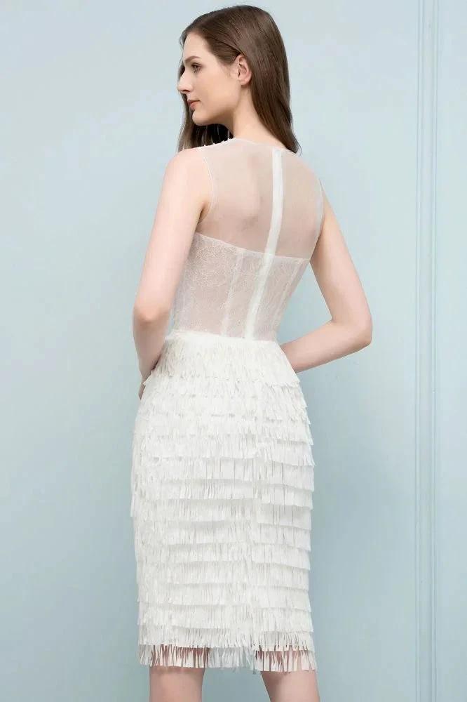Crew Knee Length Mermaid Sleeveless Prom Dresses with Tassels by misshow.com