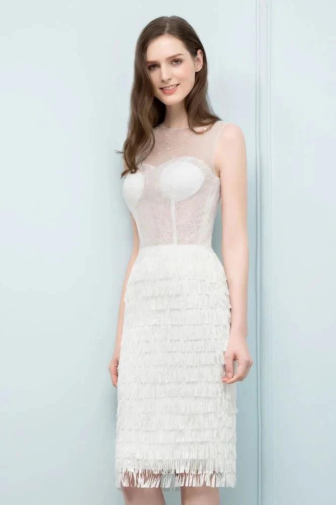 Crew Knee Length Mermaid Sleeveless Prom Dresses with Tassels by misshow.com