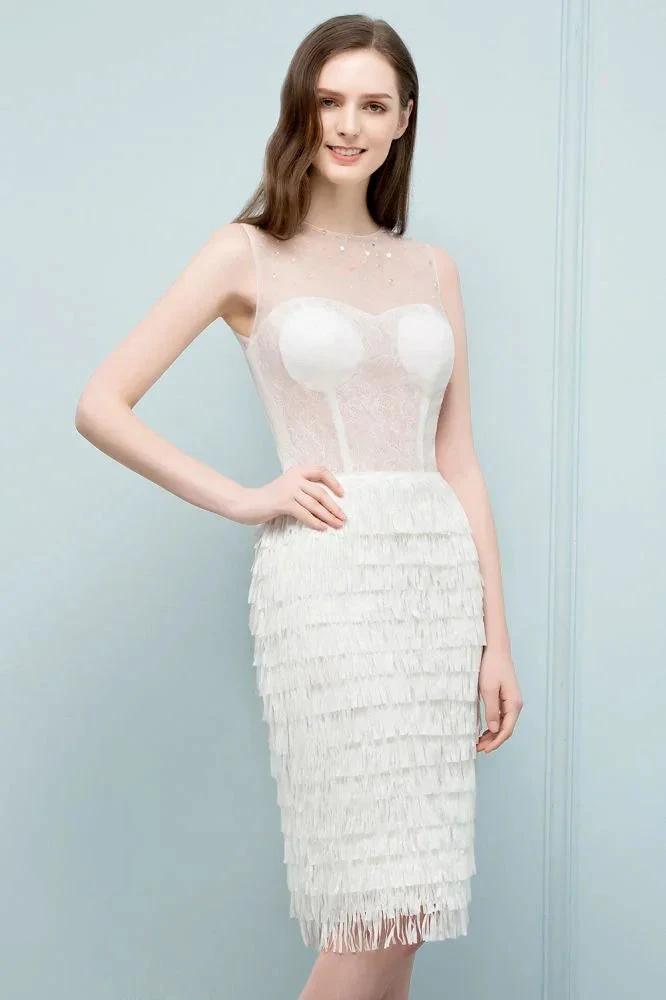 Crew Knee Length Mermaid Sleeveless Prom Dresses with Tassels by misshow.com