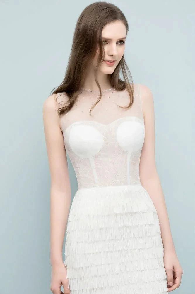 Crew Knee Length Mermaid Sleeveless Prom Dresses with Tassels by misshow.com