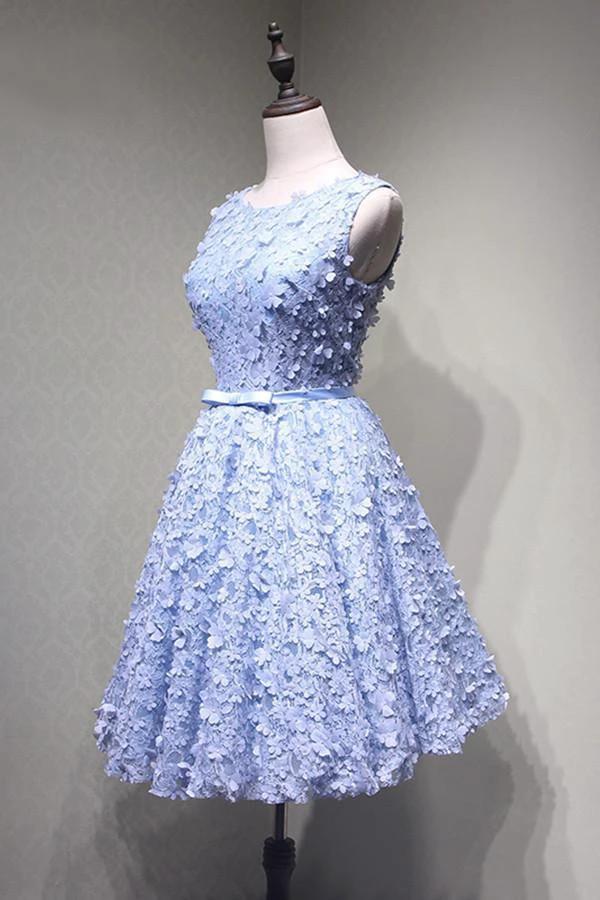 Crew Knee-Length Open Back Appliques Blue Lace Homecoming Dress PG114 by pgmdress