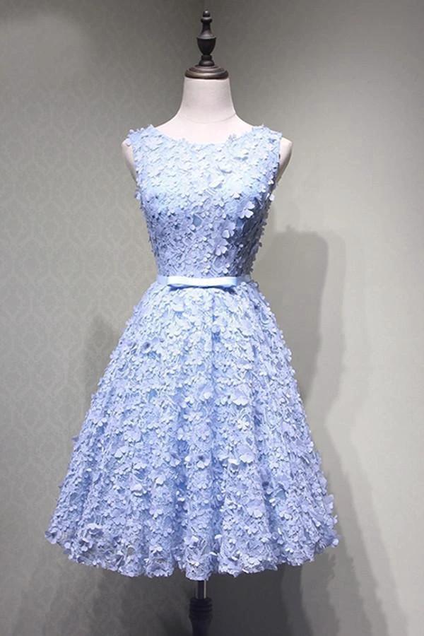 Crew Knee-Length Open Back Appliques Blue Lace Homecoming Dress PG114 by pgmdress
