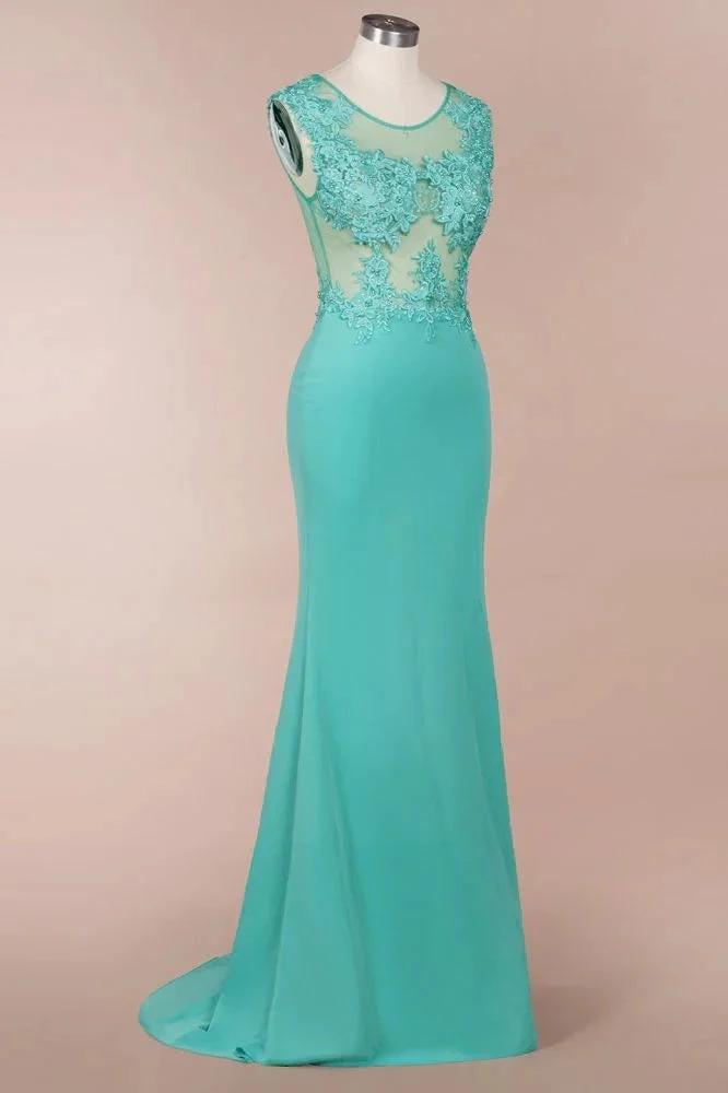 Crew Neck Lace Appliques Chiffon Mermaid Evening Maxi Dress Sleeveless Formal Dress by misshow.com