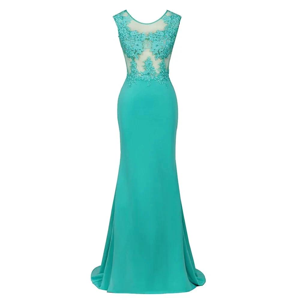 Crew Neck Lace Appliques Chiffon Mermaid Evening Maxi Dress Sleeveless Formal Dress by misshow.com