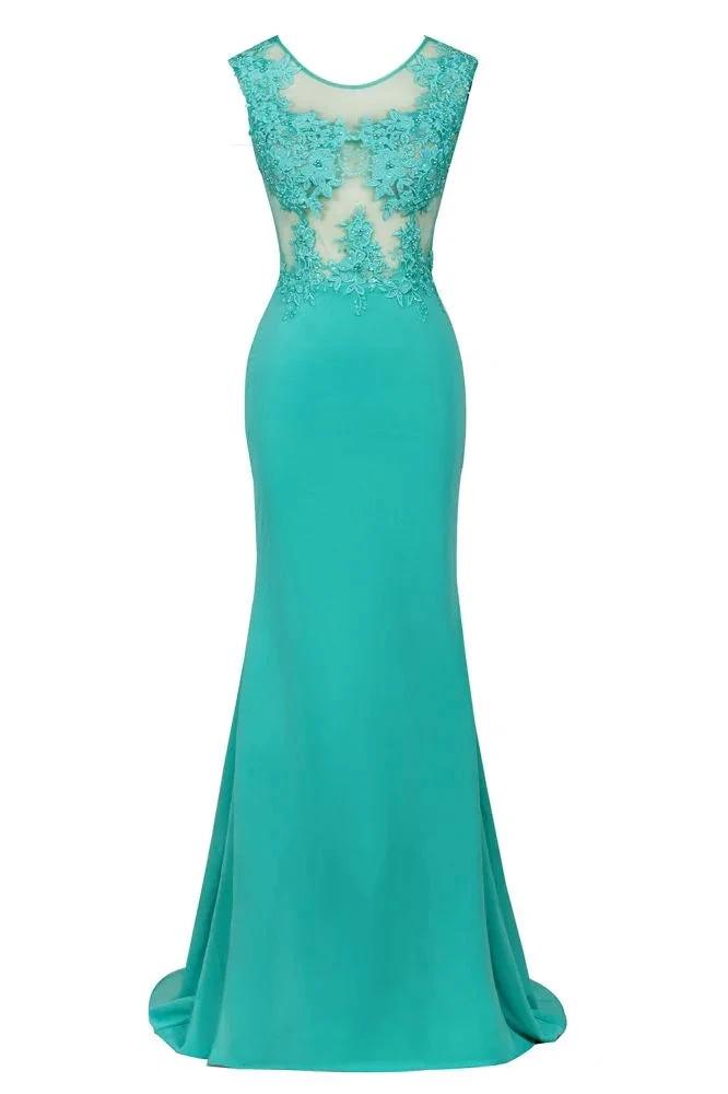 Crew Neck Lace Appliques Chiffon Mermaid Evening Maxi Dress Sleeveless Formal Dress by misshow.com