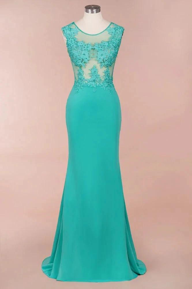 Crew Neck Lace Appliques Chiffon Mermaid Evening Maxi Dress Sleeveless Formal Dress by misshow.com
