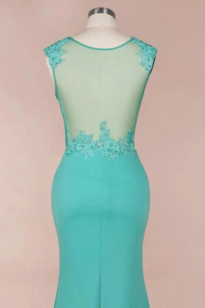 Crew Neck Lace Appliques Chiffon Mermaid Evening Maxi Dress Sleeveless Formal Dress by misshow.com