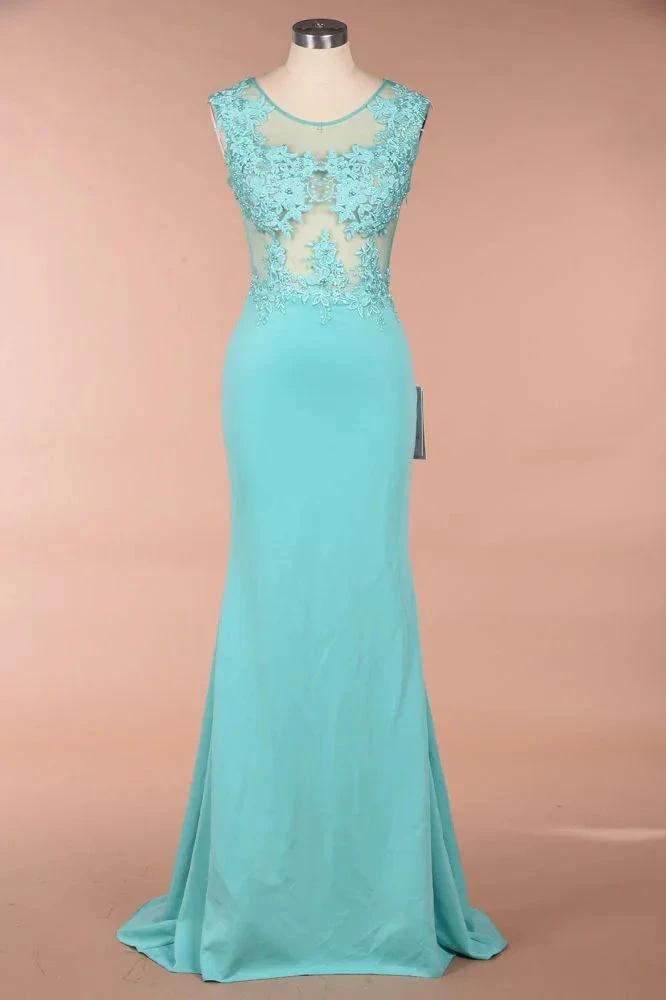 Crew Neck Lace Appliques Chiffon Mermaid Evening Maxi Dress Sleeveless Formal Dress by misshow.com