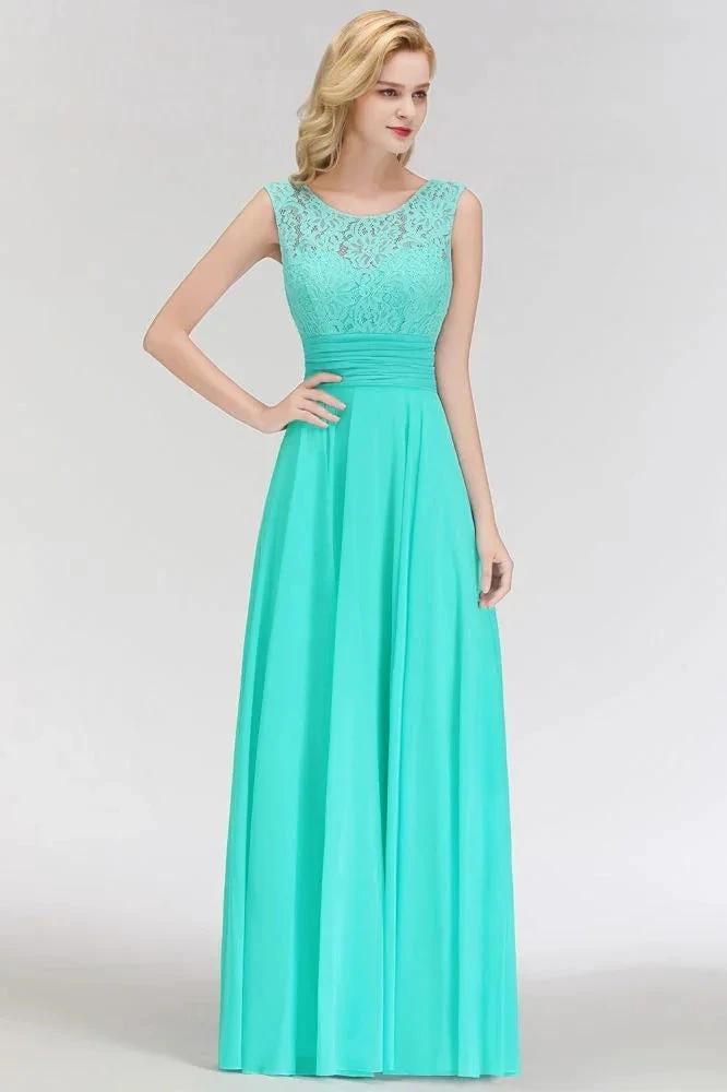 Crew Neck Lace Top Sleeveless Chiffon Bridesmaid Dress Aline Formal Dress by misshow.com