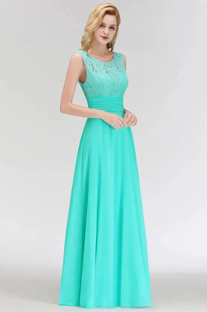 Crew Neck Lace Top Sleeveless Chiffon Bridesmaid Dress Aline Formal Dress by misshow.com