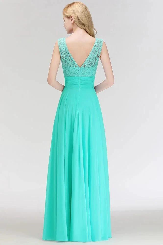 Crew Neck Lace Top Sleeveless Chiffon Bridesmaid Dress Aline Formal Dress by misshow.com