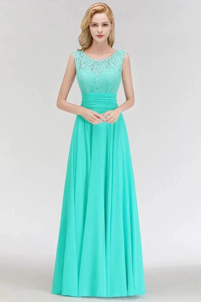 Crew Neck Lace Top Sleeveless Chiffon Bridesmaid Dress Aline Formal Dress by misshow.com