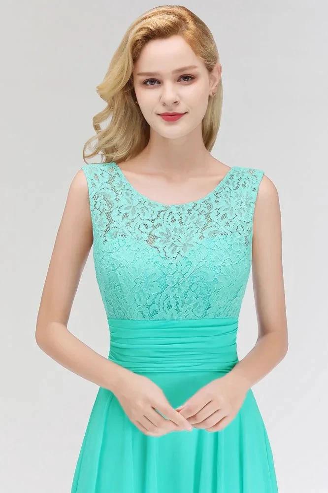 Crew Neck Lace Top Sleeveless Chiffon Bridesmaid Dress Aline Formal Dress by misshow.com