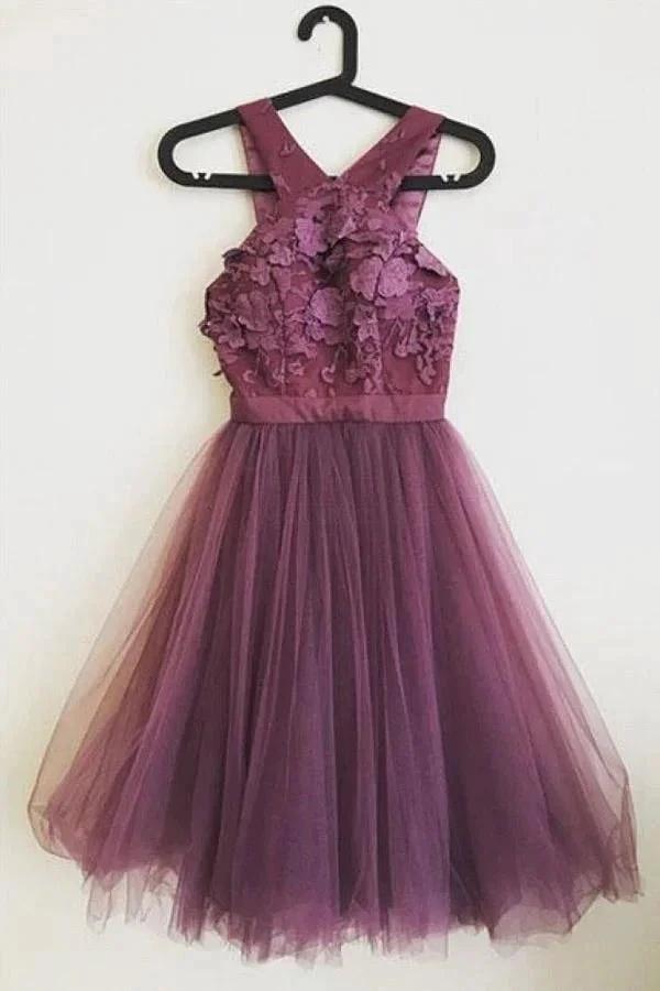 Cute A-line Applique Tulle Purple Homecoming Dresses PD300 by pgmdress