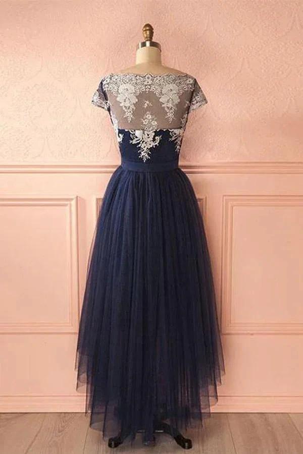 Cute Dark Blue Tulle Lace High Low Prom Dress Evening Dresses PG421 by pgmdress