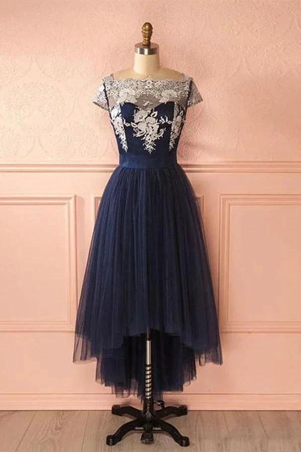 Cute Dark Blue Tulle Lace High Low Prom Dress Evening Dresses PG421 by pgmdress