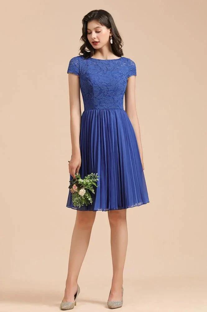 Cute Lace Chiffion Mini Party Dress Short Sleeves Knee Length Homecoming Dress by misshow.com