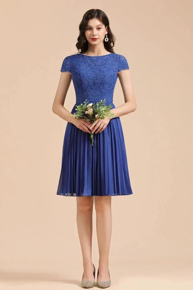 Cute Lace Chiffion Mini Party Dress Short Sleeves Knee Length Homecoming Dress by misshow.com