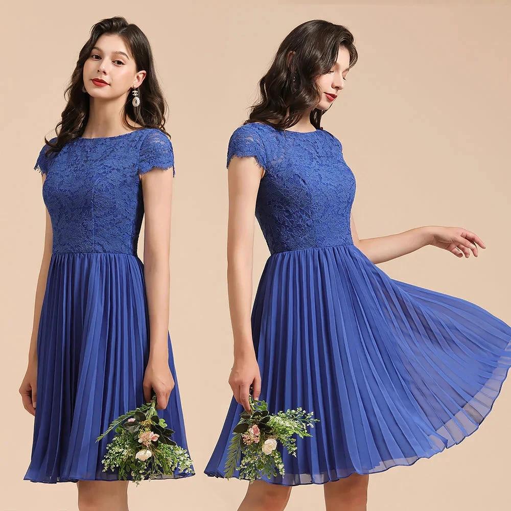 Cute Lace Chiffion Mini Party Dress Short Sleeves Knee Length Homecoming Dress by misshow.com