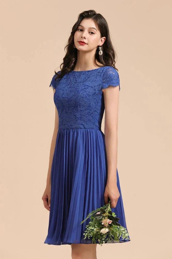 Cute Lace Chiffion Mini Party Dress Short Sleeves Knee Length Homecoming Dress by misshow.com