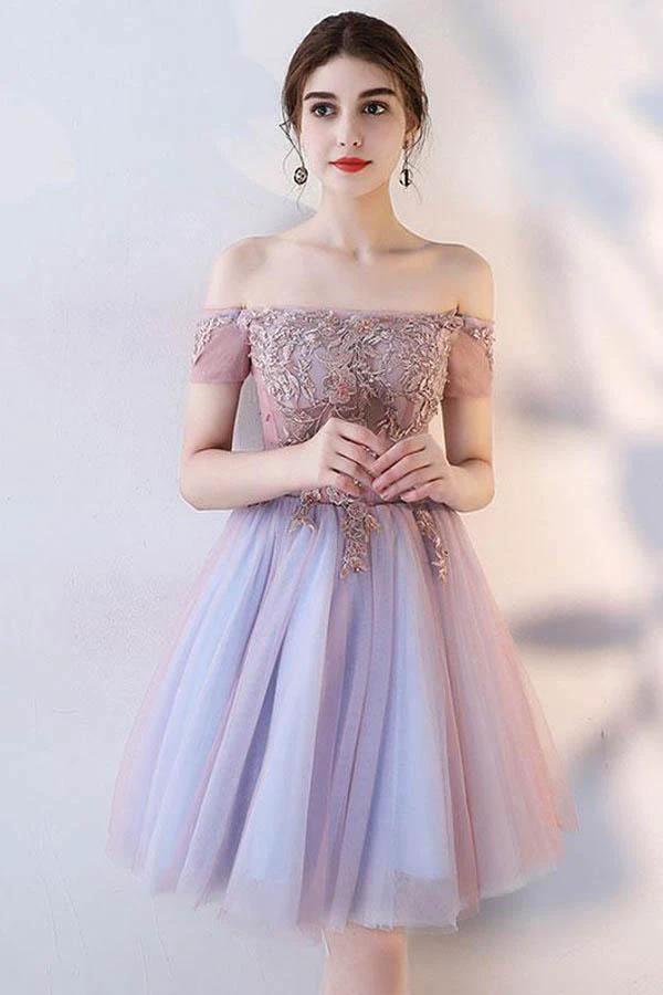 Cute Lace Off The Shoulder Tulle Short Prom Dress Homecoming Dress PD143 by pgmdress