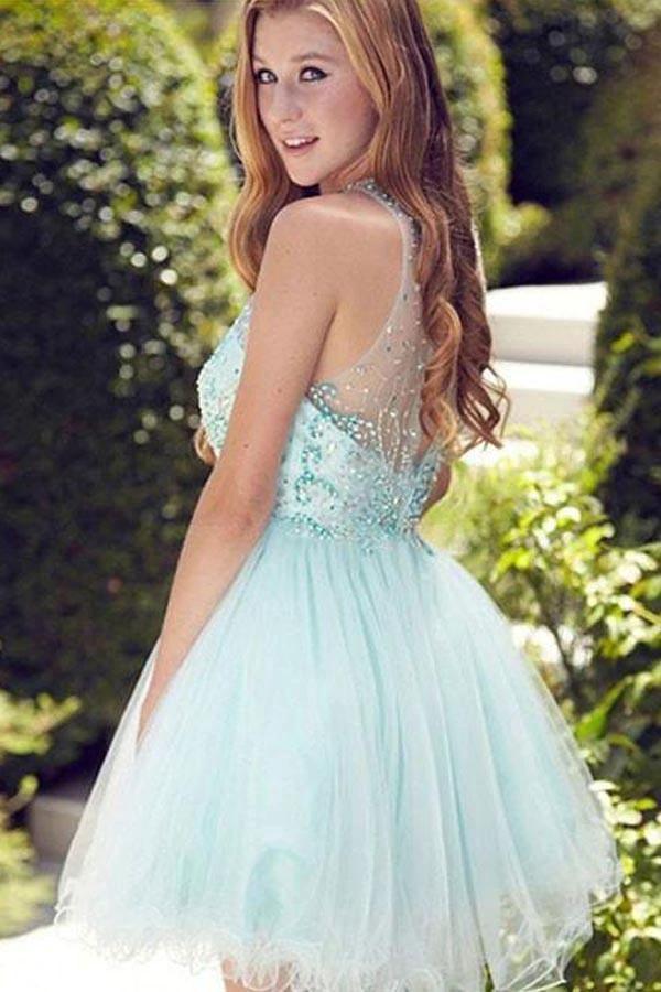Cute Round neck Tulle Beads Sequin Short Prom Dress Homecoming Dress PG170 by pgmdress
