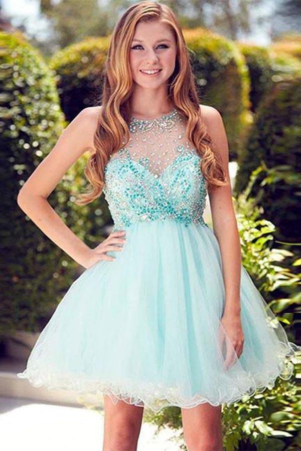 Cute Round neck Tulle Beads Sequin Short Prom Dress Homecoming Dress PG170 by pgmdress