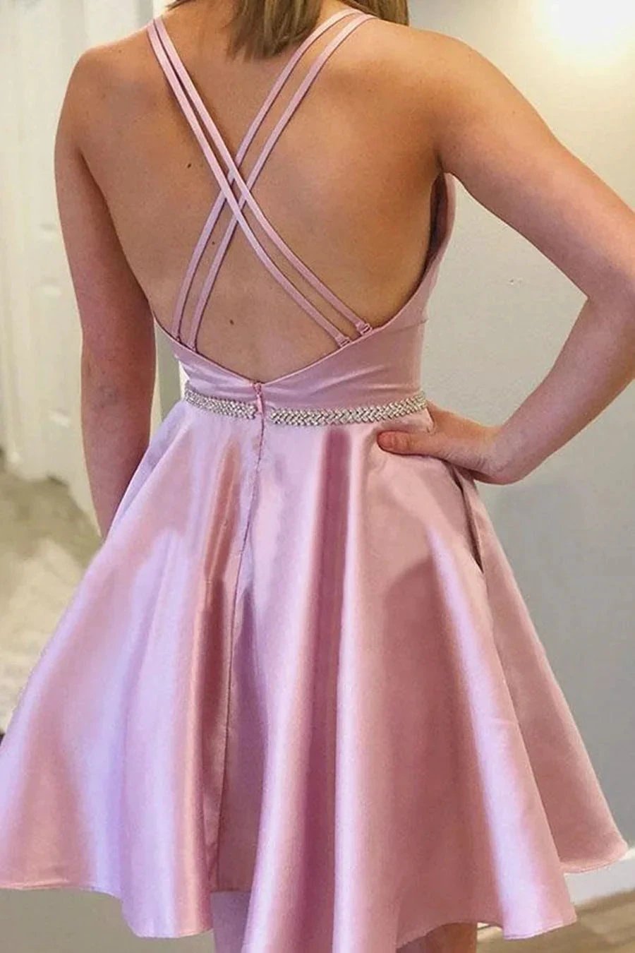 Cute Short A-line Backless Satin Prom Homecoming Dresses with Pocket by BIZTUNNEL