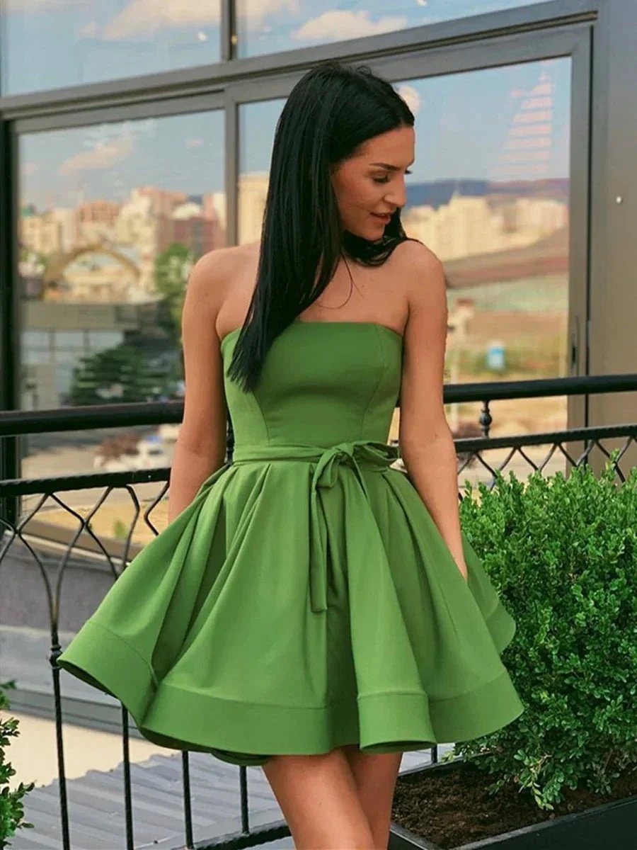 Cute Short A-line Strapless Satin Graduation Formal Prom Dresses by BIZTUNNEL