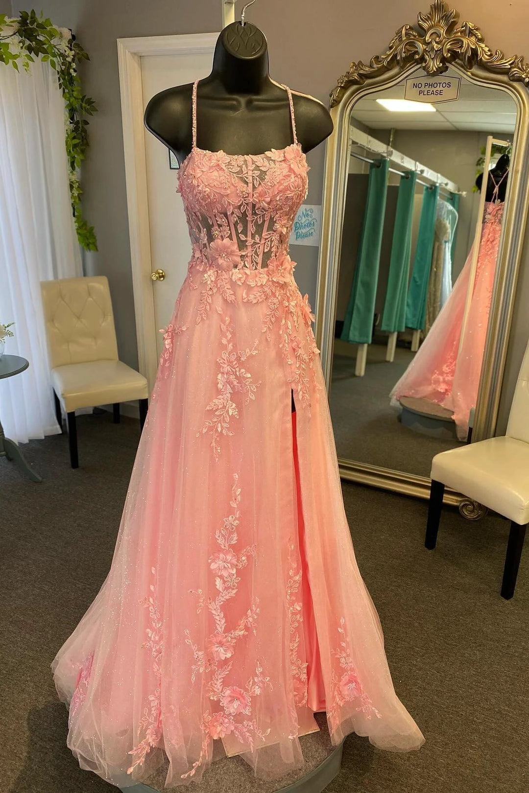 Cybele | Coral Spaghetti-Straps A Line Tulle Prom Dress With Appliques by KissProm