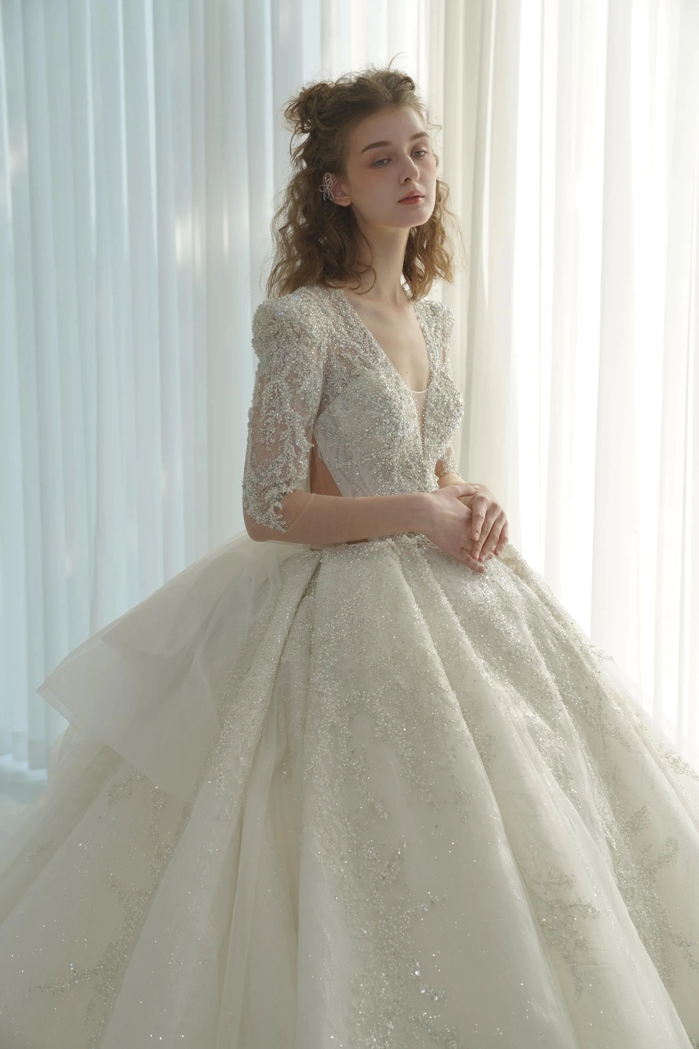 Dazzling Ball Gown Deep V-Neck Tulle Wedding Dress with Beaded Embroidery & Illusion Cut-Out Back Q-6022 by ZAPDRESS