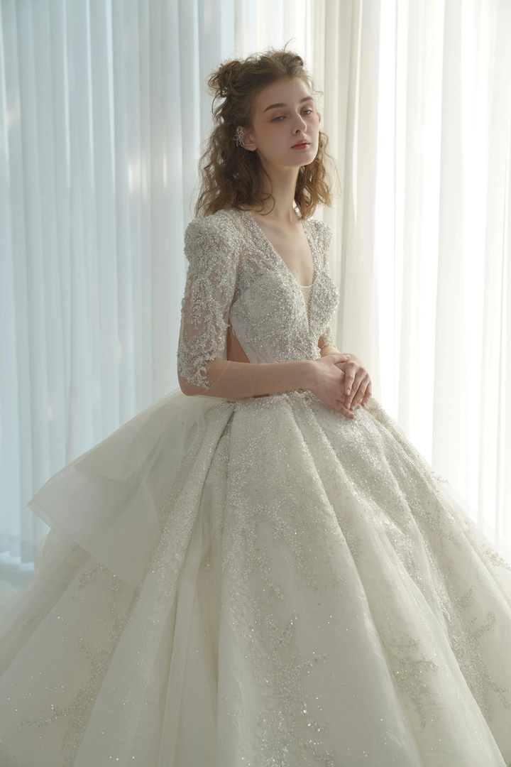 Dazzling Ball Gown Deep V-Neck Tulle Wedding Dress with Beaded Embroidery &amp; Illusion Cut-Out Back Q-6022 by ZAPDRESS