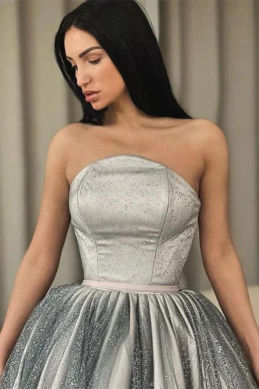 Strapless Silver A-Line Short Prom Dress Ruffle With Sequins and Tulle by BIZTUNNEL